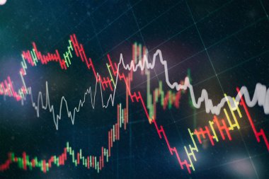 Teknik fiyat grafiği ve göstergesi, mavi ekranda kırmızı ve yeşil şamdan grafiği, piyasa dalgalanması, yükseliş ve düşüş eğilimi. Hisse senedi ticareti, kripto para birimi geçmişi.