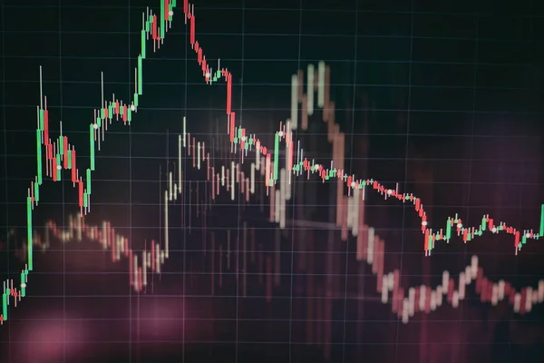 Graphique et indicateur de prix technique, graphique en chandelier rouge et vert sur écran thème bleu, volatilité du marché, tendance à la hausse et à la baisse. trading d'actions, fond de crypto-monnaie. — Photo