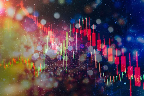 Technisches Preisdiagramm und Indikator, rotes und grünes Kerzendiagramm auf blauem Bildschirm, Marktvolatilität, Auf- und Abwärtstrend. Aktienhandel, Hintergrund der Kryptowährung. — Stockfoto