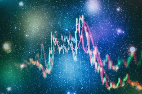 Gráfico e indicador de precio técnico, gráfico de candelabro rojo y verde en la pantalla del tema azul, volatilidad del mercado, tendencia alcista y descendente. Comercio de acciones, criptomoneda fondo. — Foto de Stock
