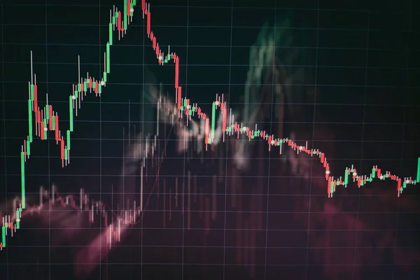 Τεχνικό γράφημα των τιμών και δείκτης, κόκκινο και πράσινο γράφημα κηροπήγιο σε μπλε οθόνη θέμα, αστάθεια της αγοράς, πάνω και κάτω τάση. Χρηματιστήριο συναλλαγών, crypto φόντο νόμισμα. — Φωτογραφία Αρχείου