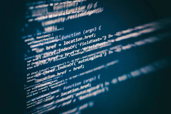 Code de programmation du développeur. Code de script informatique abstrait. Écran de code de programmation du développeur de logiciels. Temps de travail de programmation logicielle . — Photo