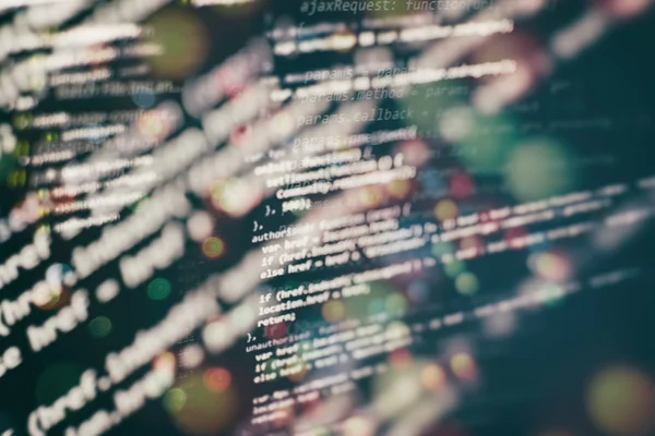 開発者のプログラミングコード。抽象的なコンピュータスクリプトコード。ソフトウェア開発者のプログラミングコード画面。ソフトウェアプログラミング作業時間. — ストック写真