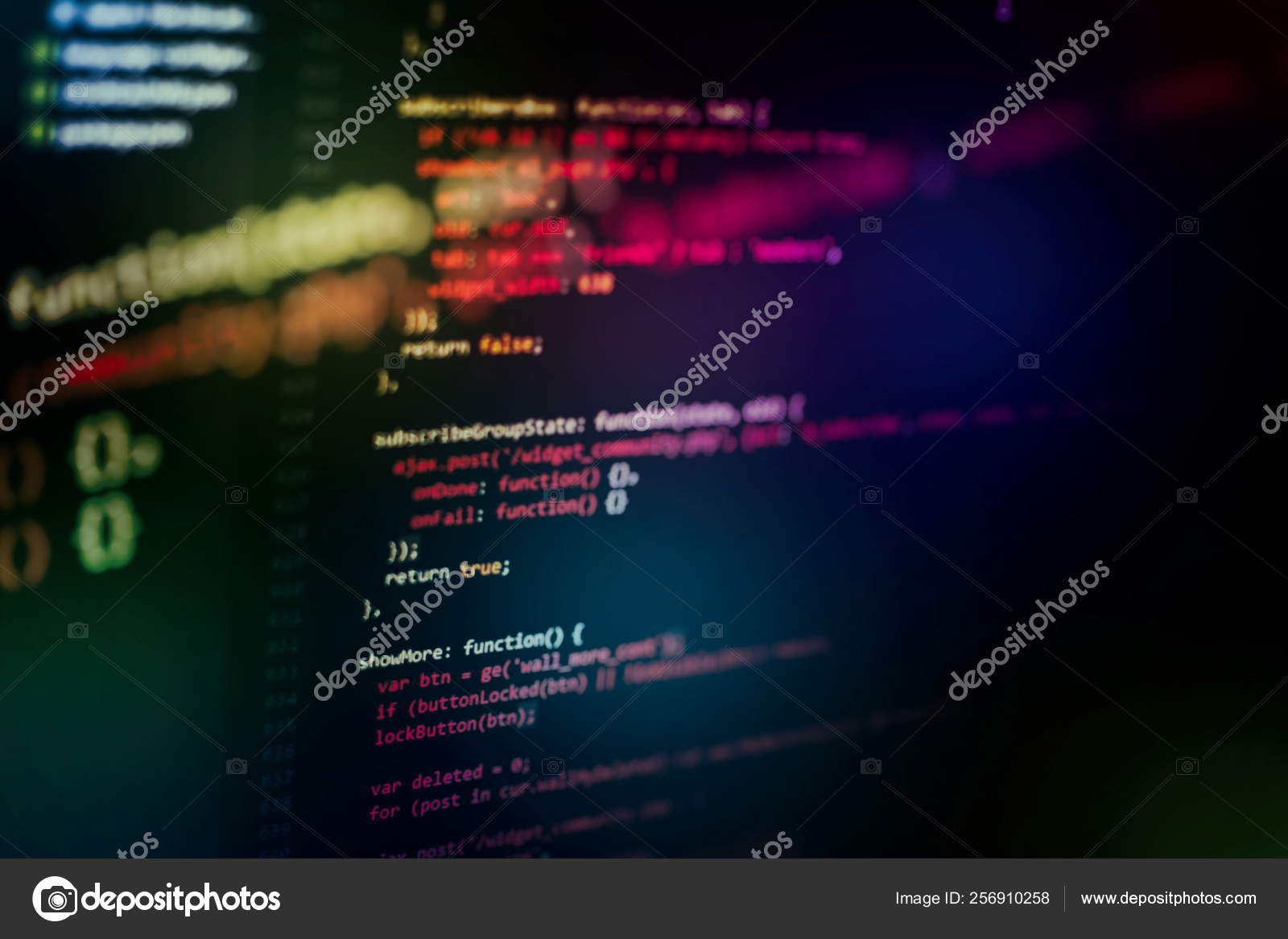 Programming of Internet website. Computer script coding source code on desktop monitor. Creative Js HTML5 closeup set on background. PC software creation business. Program development concept Stock Illustration
