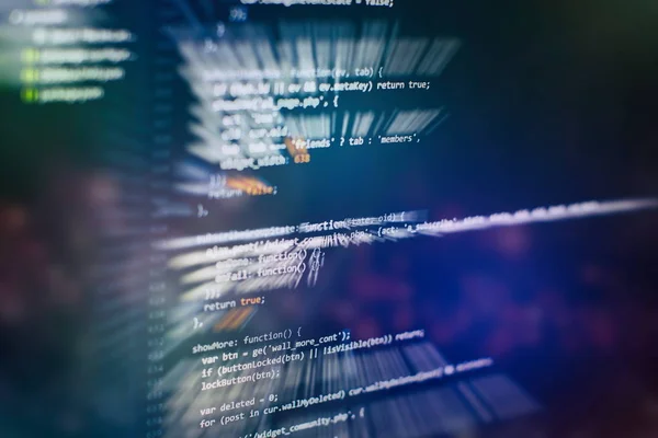 CSS, JavaScript and HTML usage. Monitor closeup of function source code. Abstract IT technology background. Software source code. — Stock Photo, Image