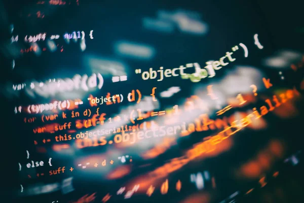 CSS, JavaScript and HTML usage. Monitor closeup of function source code. Abstract IT technology background. Software source code. — Stock Photo, Image