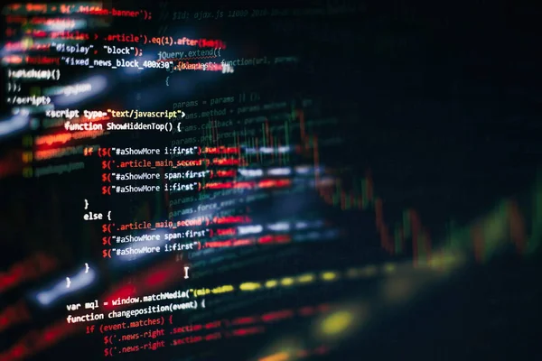 CSS, JavaScript ve HTML kullanımı. Fonksiyon kaynak kodunu kapat. Soyut bilişim teknolojisi geçmişi. Yazılım kaynak kodu. — Stok fotoğraf