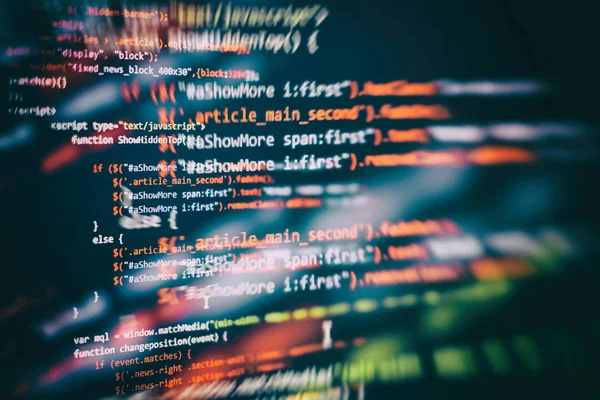 CSS, JavaScript a HTML použití. Sledovat detailní záběr zdrojového kódu funkce. Abstraktní zázemí IT technologie. Zdrojový kód softwaru. — Stock fotografie