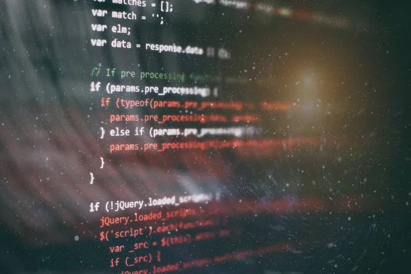 Utilisation CSS, JavaScript et HTML. Surveiller de près le code source de la fonction. Résumé Technologies de l'information. Code source du logiciel. — Photo