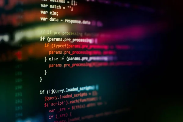 CSS, JavaScript a HTML použití. Sledovat detailní záběr zdrojového kódu funkce. Abstraktní zázemí IT technologie. Zdrojový kód softwaru. — Stock fotografie