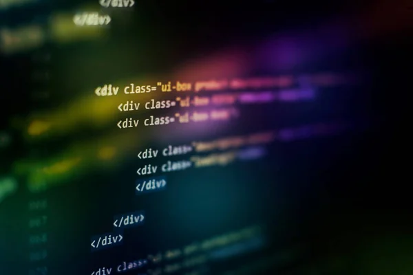 Uso de CSS, JavaScript e HTML. Monitore o fechamento do código fonte da função. Antecedentes de tecnologia de TI abstrata. Código fonte do software. — Fotografia de Stock