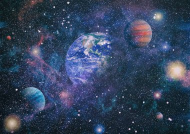 Dünya, galaksi ve güneş uzaydaki gezegenler, yıldızlar ve galaksiler uzay keşfinin güzelliğini gösteriyor. Nasa tarafından döşenmiş bu görüntünün elemanları