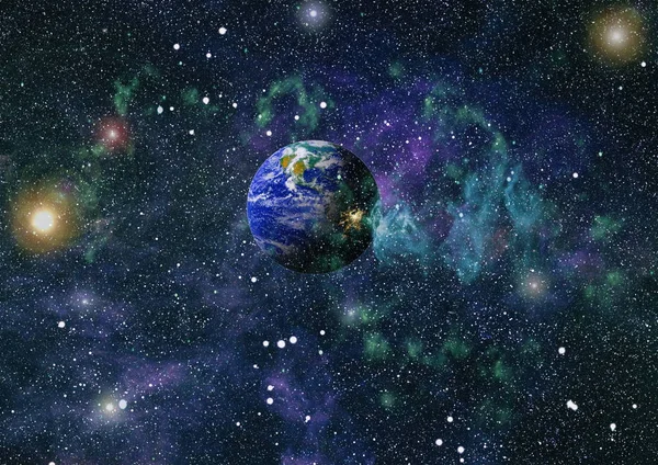 우주 탐사의 아름다움을 보여주는 우주 공간에서 지구, 은하및 태양.행성, 별과 은하. Nasa가 제공하는 이 이미지의 요소 — 스톡 사진