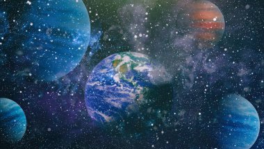 Dünya, galaksi ve güneş uzaydaki gezegenler, yıldızlar ve galaksiler uzay keşfinin güzelliğini gösteriyor. Nasa tarafından döşenmiş bu görüntünün elemanları