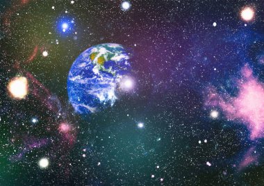 Dünya ve galaksiler uzayda. Bilim kurgu sanatı. Bu görüntünün elementleri NASA tarafından desteklenmektedir.