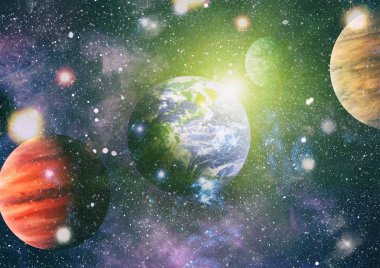 Dünya ve galaksiler uzayda. Bilim kurgu sanatı. Bu görüntünün elementleri NASA tarafından desteklenmektedir.