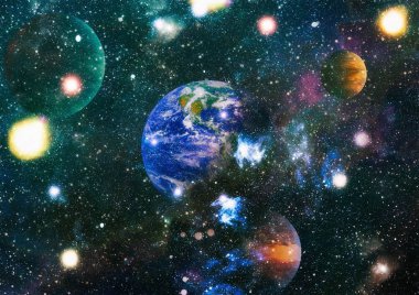 Dünya ve galaksiler uzayda. Bilim kurgu sanatı. Bu görüntünün elementleri NASA tarafından desteklenmektedir.