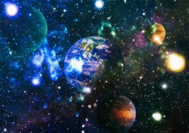 Dünya ve galaksiler uzayda. Bilim kurgu sanatı. Bu görüntünün elementleri NASA tarafından desteklenmektedir.