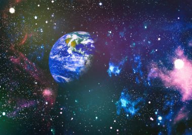 Dünya ve galaksiler uzayda. Bilim kurgu sanatı. Bu görüntünün elementleri NASA tarafından desteklenmektedir.