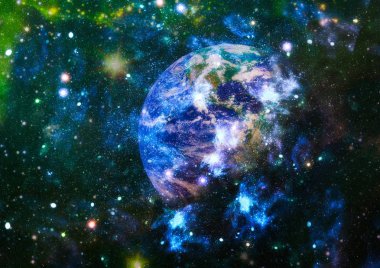 Dünya ve galaksiler uzayda. Bilim kurgu sanatı. Bu görüntünün elementleri NASA tarafından desteklenmektedir.