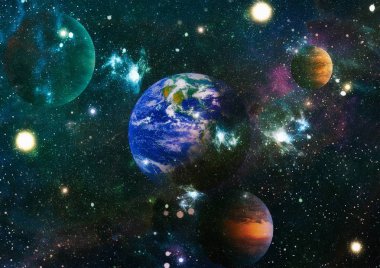 Dünya ve galaksiler uzayda. Bilim kurgu sanatı. Bu görüntünün elementleri NASA tarafından desteklenmektedir.