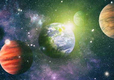 Dünya ve galaksiler uzayda. Bilim kurgu sanatı. Bu görüntünün elementleri NASA tarafından desteklenmektedir.