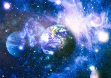 Dünya ve galaksiler uzayda. Bilim kurgu sanatı. Bu görüntünün elementleri NASA tarafından desteklenmektedir.