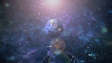 Dünya ve galaksiler uzayda. Bilim kurgu sanatı. Bu görüntünün elementleri NASA tarafından desteklenmektedir.