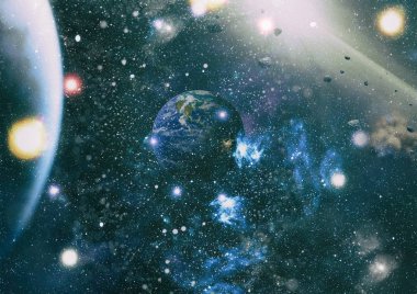 Dünya ve galaksiler uzayda. Bilim kurgu sanatı. Bu görüntünün elementleri NASA tarafından desteklenmektedir.