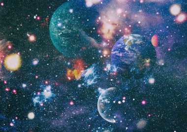 Dünya ve galaksiler uzayda. Bilim kurgu sanatı. Bu görüntünün elementleri NASA tarafından desteklenmektedir.