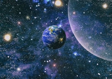 Dünya ve galaksiler uzayda. Bilim kurgu sanatı. Bu görüntünün elementleri NASA tarafından desteklenmektedir.