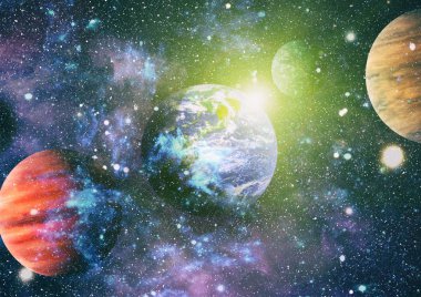 Dünya ve galaksiler uzayda. Bilim kurgu sanatı. Bu görüntünün elementleri NASA tarafından desteklenmektedir.