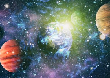 Dünya ve galaksiler uzayda. Bilim kurgu sanatı. Bu görüntünün elementleri NASA tarafından desteklenmektedir.
