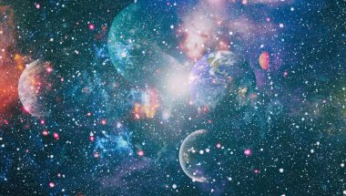 Dünya ve galaksiler uzayda. Bilim kurgu sanatı. Bu görüntünün elementleri NASA tarafından desteklenmektedir.