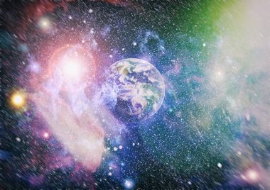 Dünya ve galaksiler uzayda. Bilim kurgu sanatı. Bu görüntünün elementleri NASA tarafından desteklenmektedir.