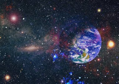 Dünya ve galaksiler uzayda. Bilim kurgu sanatı. Bu görüntünün elementleri NASA tarafından desteklenmektedir.
