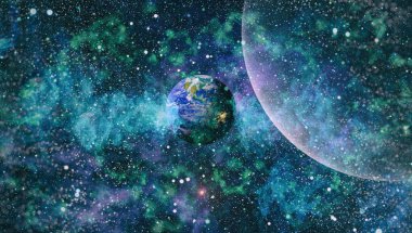 Dünya ve galaksiler uzayda. Bilim kurgu sanatı. Bu görüntünün elementleri NASA tarafından desteklenmektedir.