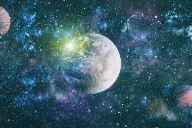 Dünya ve galaksiler uzayda. Bilim kurgu sanatı. Bu görüntünün elementleri NASA tarafından desteklenmektedir.