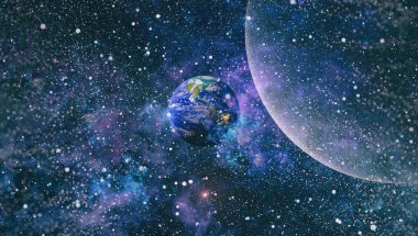 Dünya ve galaksiler uzayda. Bilim kurgu sanatı. Bu görüntünün elementleri NASA tarafından desteklenmektedir.