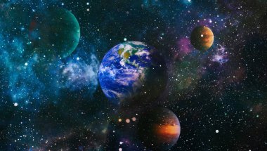 Dünya ve galaksiler uzayda. Bilim kurgu sanatı. Bu görüntünün elementleri NASA tarafından desteklenmektedir.