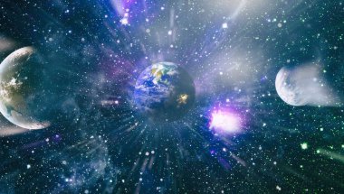 Dünya ve galaksiler uzayda. Bilim kurgu sanatı. Bu görüntünün elementleri NASA tarafından desteklenmektedir.