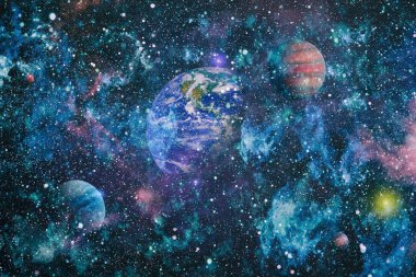 Dünya ve galaksiler uzayda. Bilim kurgu sanatı. Bu görüntünün elementleri NASA tarafından desteklenmektedir.