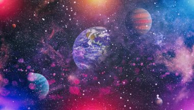 Uzaydaki gezegenler, yıldızlar ve galaksiler uzay keşiflerinin güzelliğini gösteriyor. NASA tarafından döşenmiş elementler