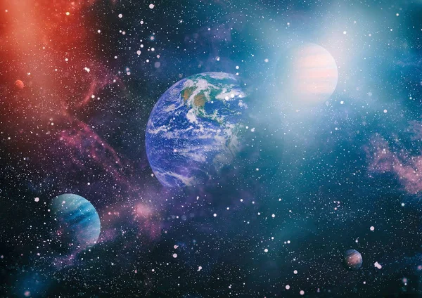 Tierra, galaxia y sol.planetas, estrellas y galaxias en el espacio exterior que muestran la belleza de la exploración espacial. Elementos de esta imagen proporcionados por la NASA — Foto de Stock