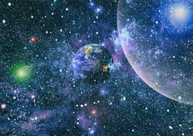 Dünya ve galaksiler uzayda. Bilim kurgu sanatı. Bu görüntünün elementleri NASA tarafından desteklenmektedir.