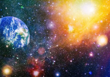 Dünya ve galaksiler uzayda. Bilim kurgu sanatı. Bu görüntünün elementleri NASA tarafından desteklenmektedir.