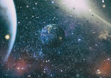 Dünya ve galaksiler uzayda. Bilim kurgu sanatı. Bu görüntünün elementleri NASA tarafından desteklenmektedir.