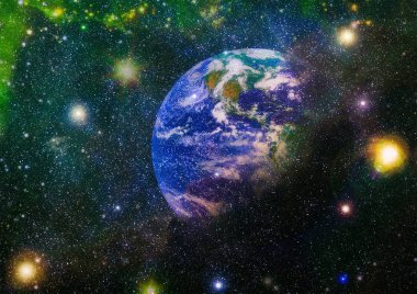 Dünya ve galaksiler uzayda. Bilim kurgu sanatı. Bu görüntünün elementleri NASA tarafından desteklenmektedir.