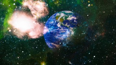 Dünya ve galaksiler uzayda. Bilim kurgu sanatı. Bu görüntünün elementleri NASA tarafından desteklenmektedir.