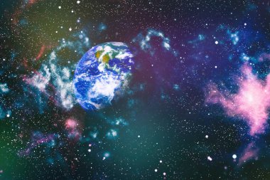 Dünya ve galaksiler uzayda. Bilim kurgu sanatı. Bu görüntünün elementleri NASA tarafından desteklenmektedir.